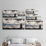 Cowboy Horizon, Western Landscape, Rustic Horse Rider, Framed Canvas Print, Southwestern Home Decor, Black and White Wall Art