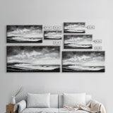 Black and White Beach, Moody Sky, Stormy Waves, Framed Canvas Print, Minimalist Wall Art, Modern Home Decor, Nautical Landscape