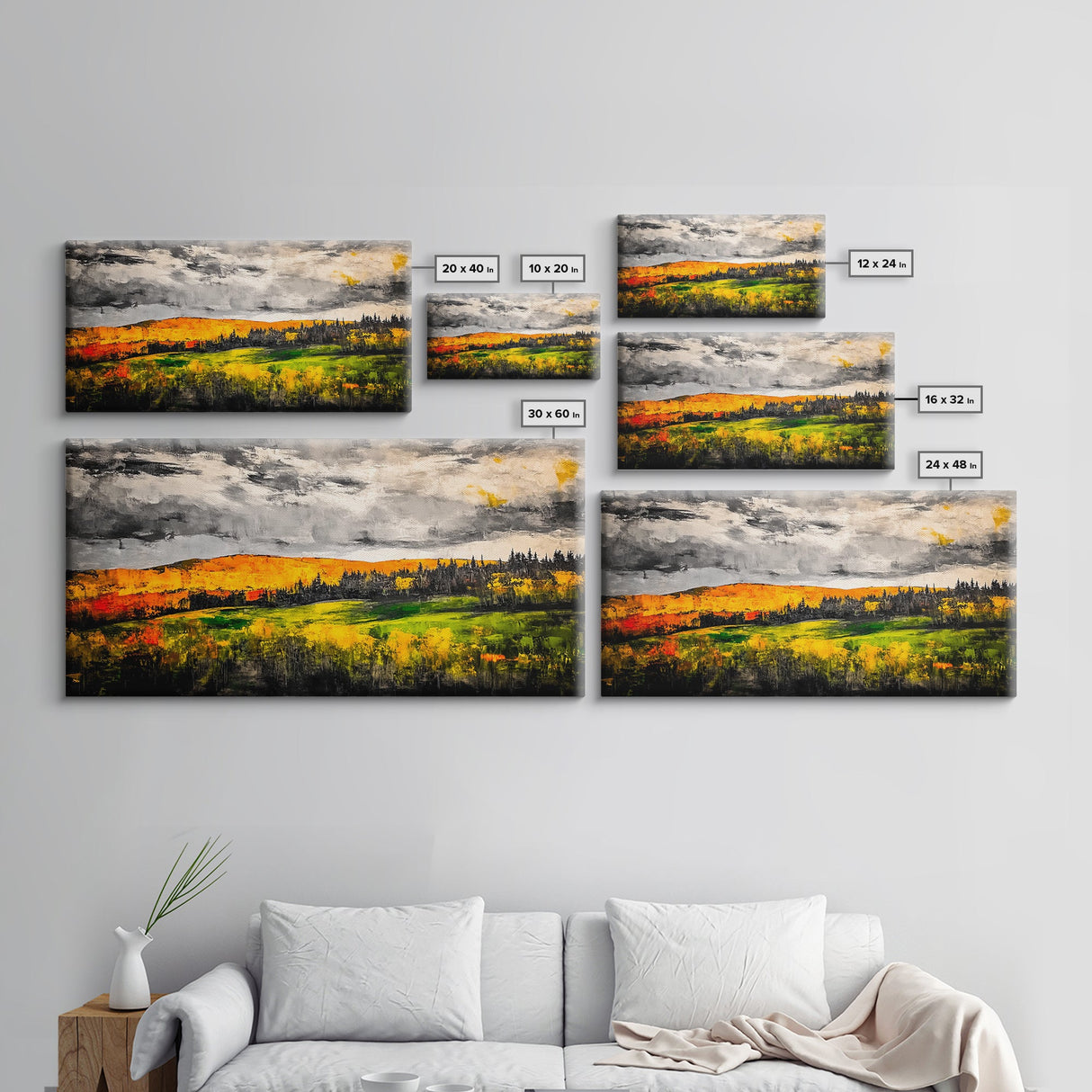 Fall Mountain View, Golden Forest Landscape, Moody Sky Painting, Rustic Country Art, Autumn Scene, Vibrant Wall Decor, Framed Canvas Print