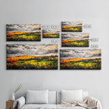 Fall Mountain View, Golden Forest Landscape, Moody Sky Painting, Rustic Country Art, Autumn Scene, Vibrant Wall Decor, Framed Canvas Print