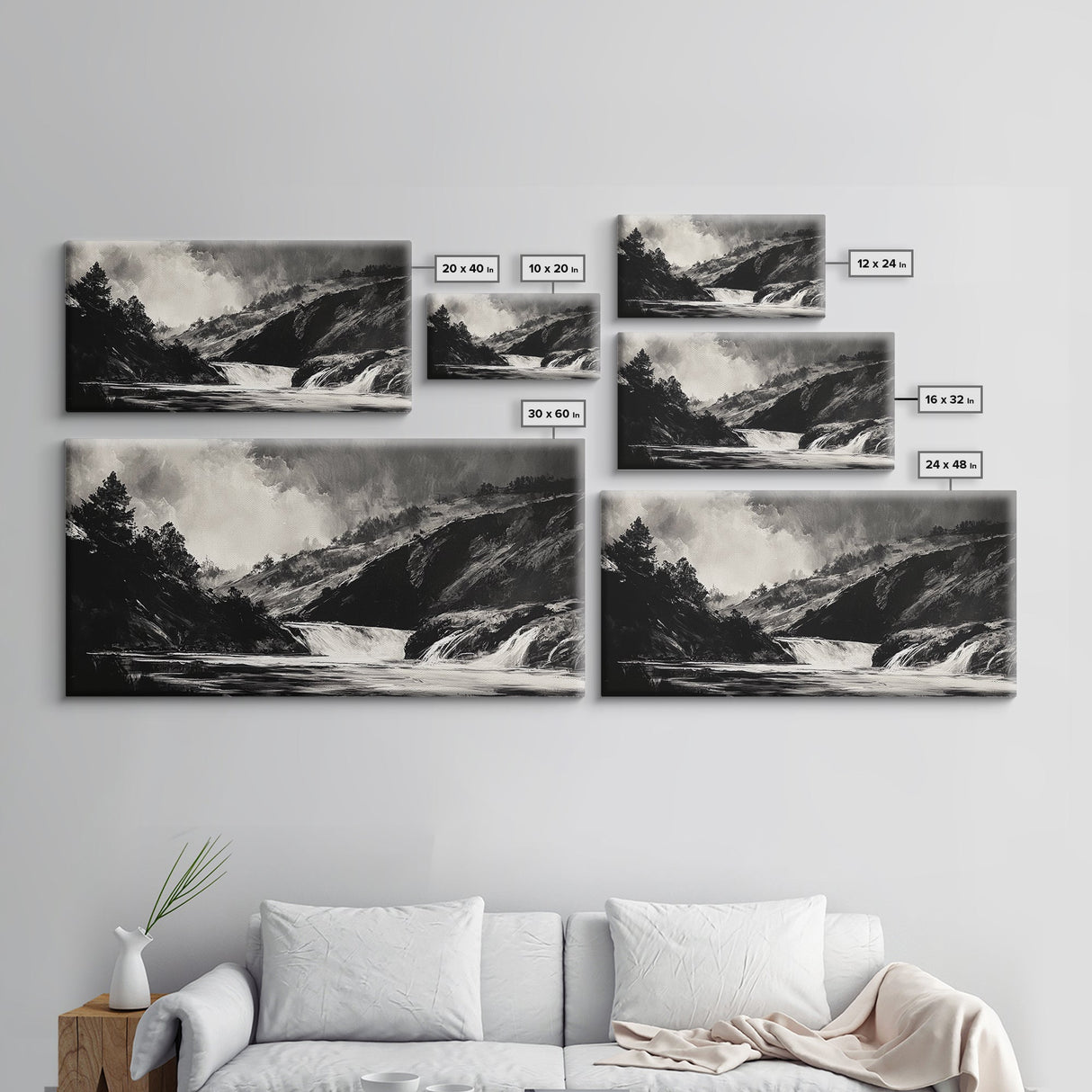 Waterfall Painting, Dramatic Nature, Mountain River, Framed Canvas Print, Monochrome Art, Nature Decor, Lodge Wall Art, Rustic Home