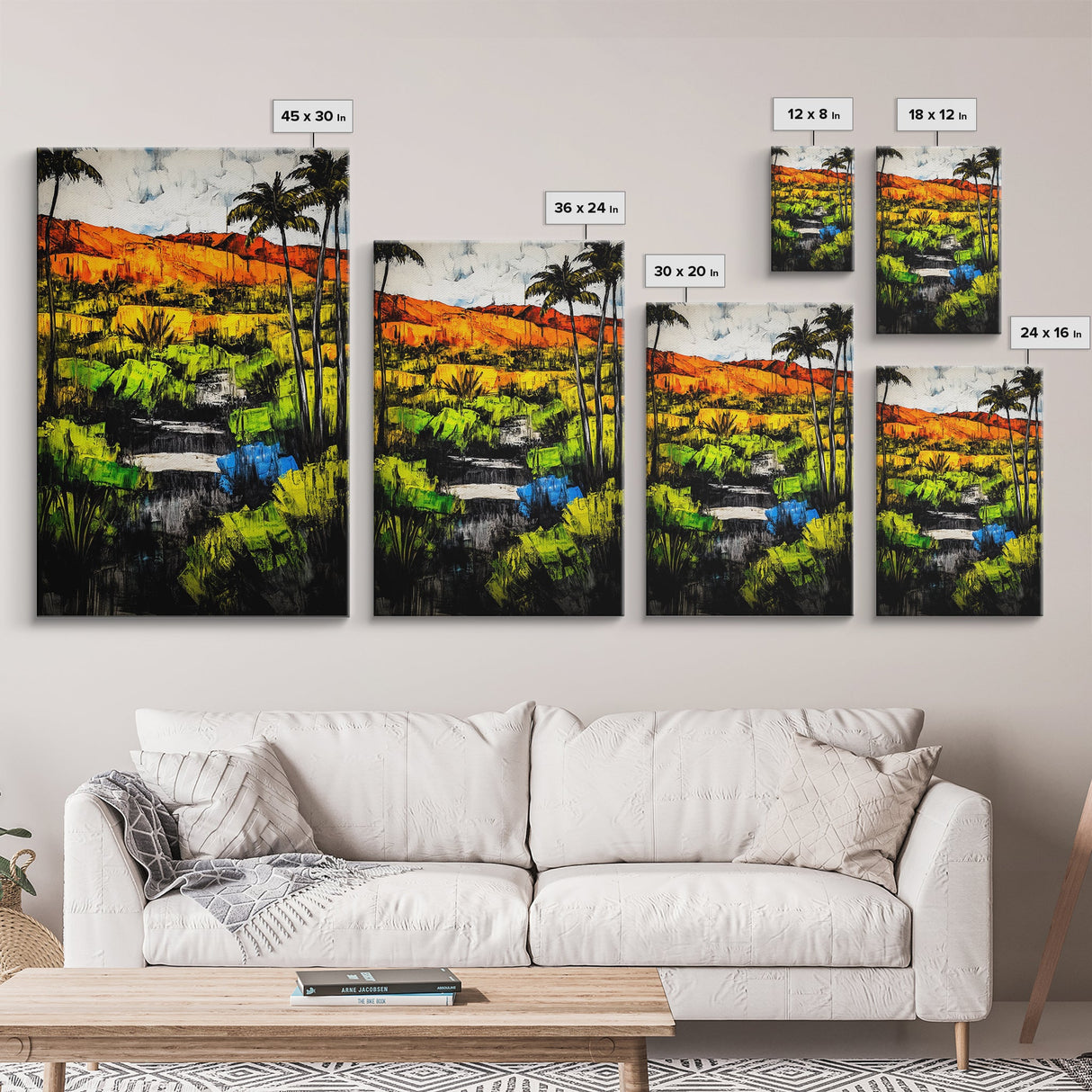 Tropical Landscape, Palm Trees, Sunset Glow, Framed Canvas Print, Vibrant Wall Art, Living Room Decor, Modern Colorful Art, Nature Scene