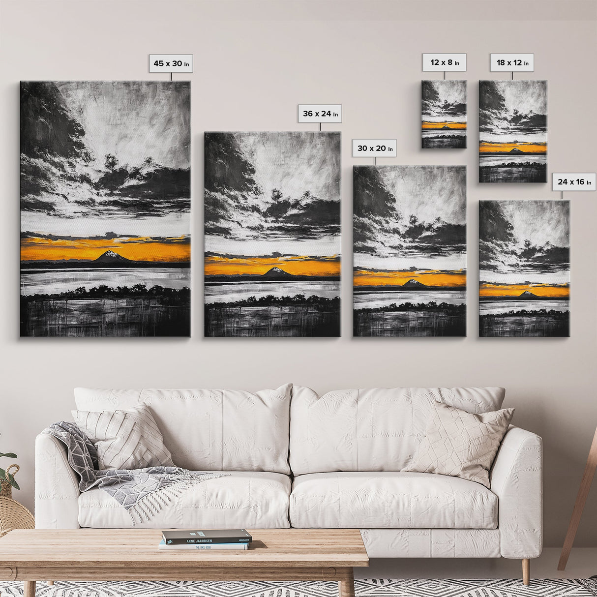 Volcanic Sunset, Black and White, Dramatic Sky, Framed Canvas Print, Moody Wall Art, Modern Landscape, Office Decor, Nature Aesthetic