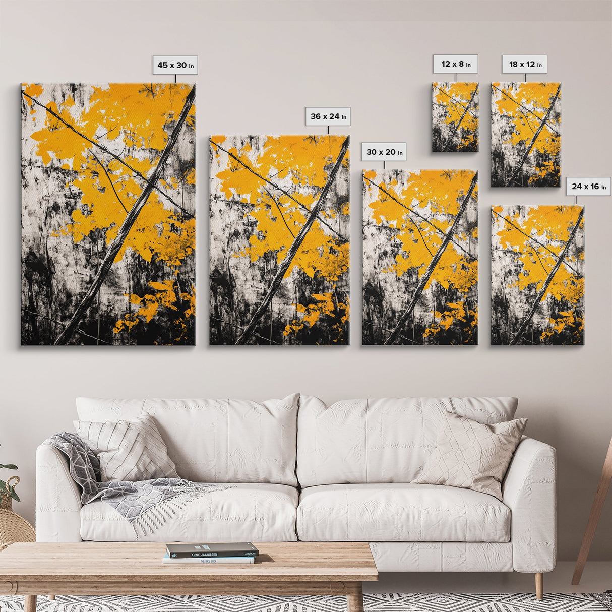Abstract Autumn Leaves, Black White Orange, Nature Wall Art, Rustic Decor, Minimalist Fall Artwork, Living Room Art, Framed Canvas Print