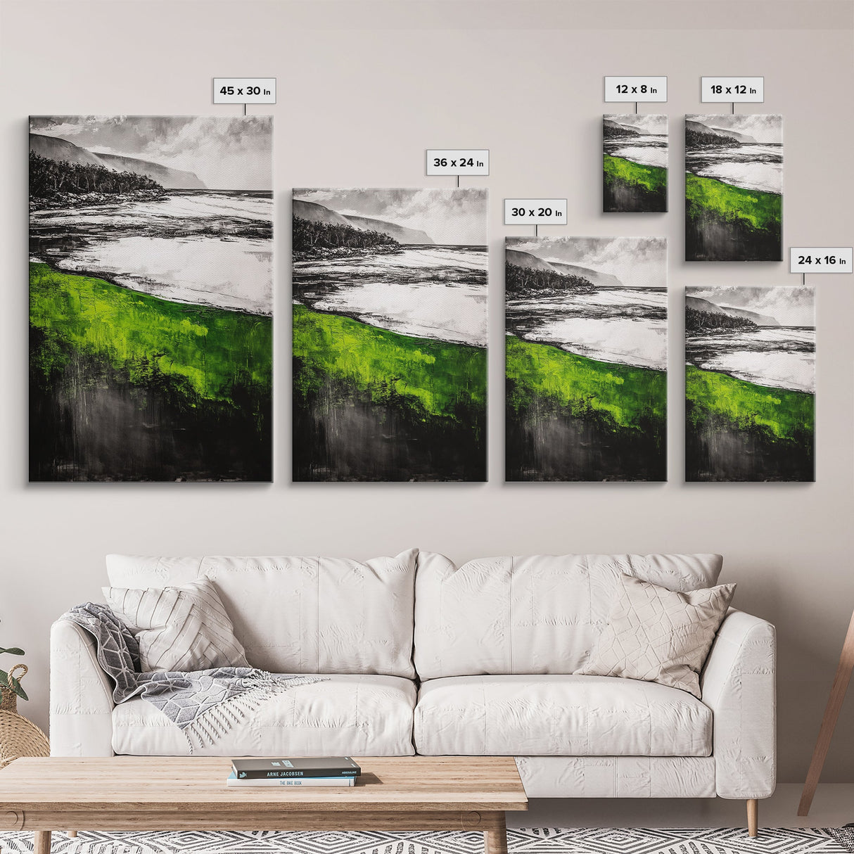 Green Coastal Hills, Ocean Shoreline Painting, Scenic Landscape Art, Office Wall Decor, Nature Inspired Print, Framed Canvas Print