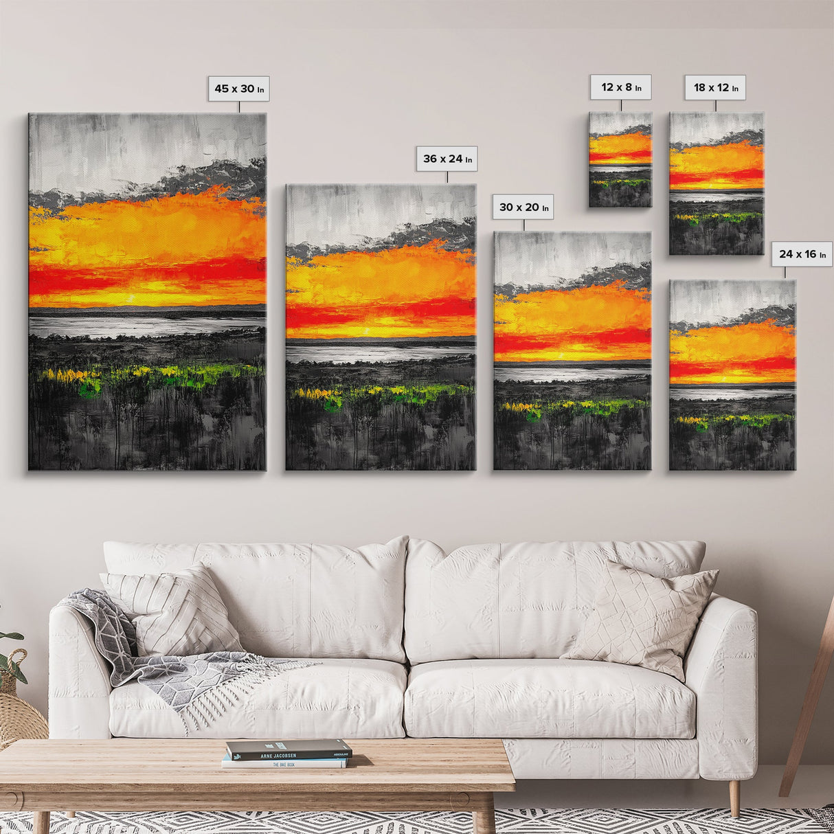 Fiery Sunset Glow, Dramatic Sky Painting, Vibrant Landscape Art, Living Room Decor, Bold Color Wall Art, Framed Canvas Print