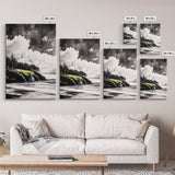 Coastal Cliffs, Black and White Landscape, Moody Sky Painting, Rustic Nature Wall Art, Office Decor, Framed Canvas Print