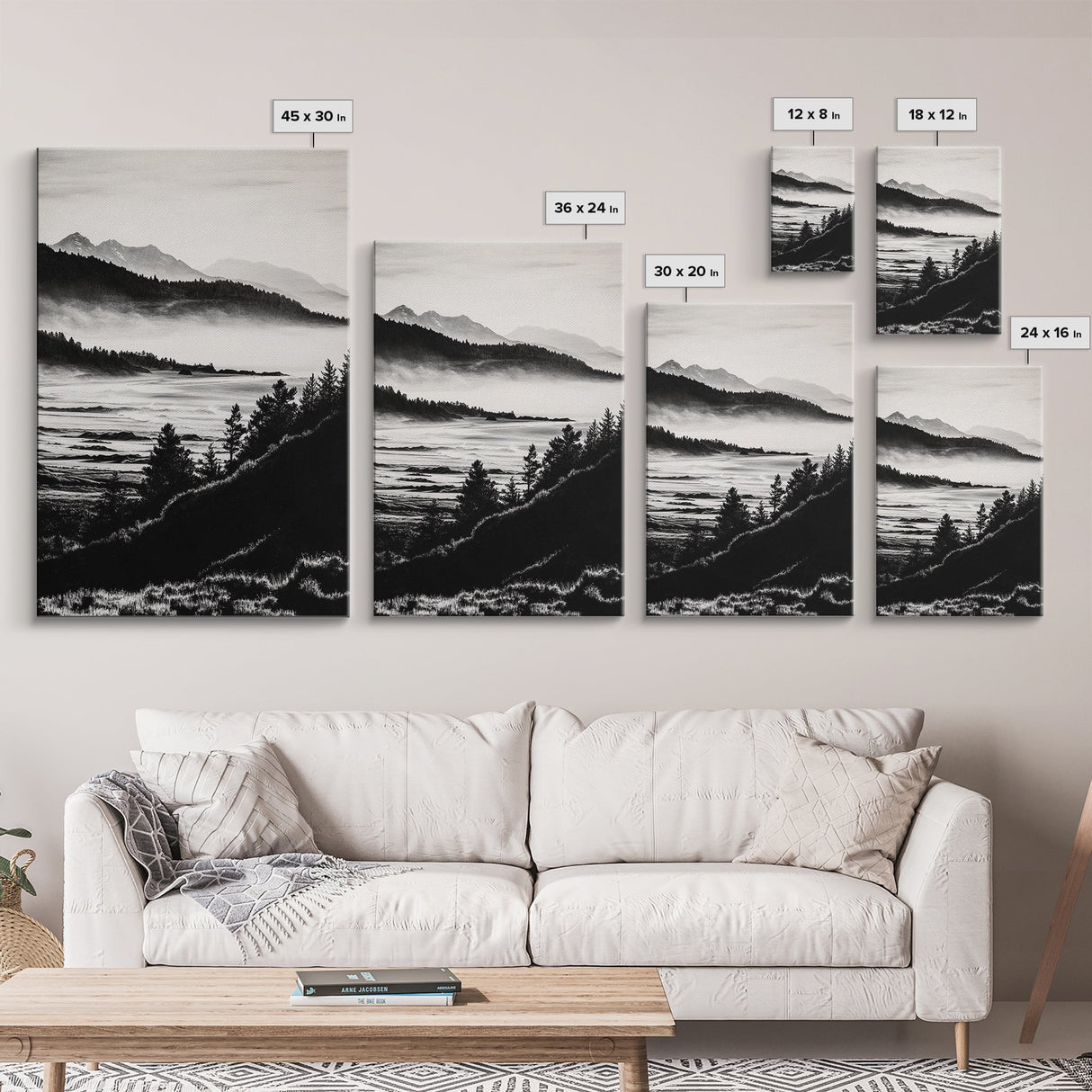 Misty Mountain, Black White Wall Art, Landscape Painting, Nature Artwork, Modern Home Decor, Minimalist Art, Framed Canvas Print