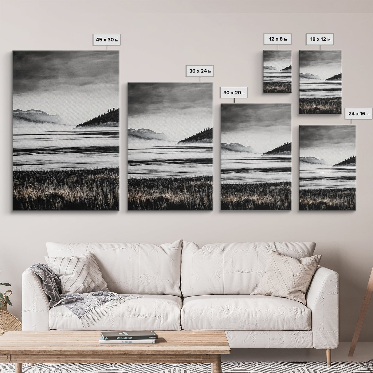 Serene Lake, Black and White Artwork, Misty Mountains, Nature Decor, Minimalist Landscape, Home Office Art, Canvas Print