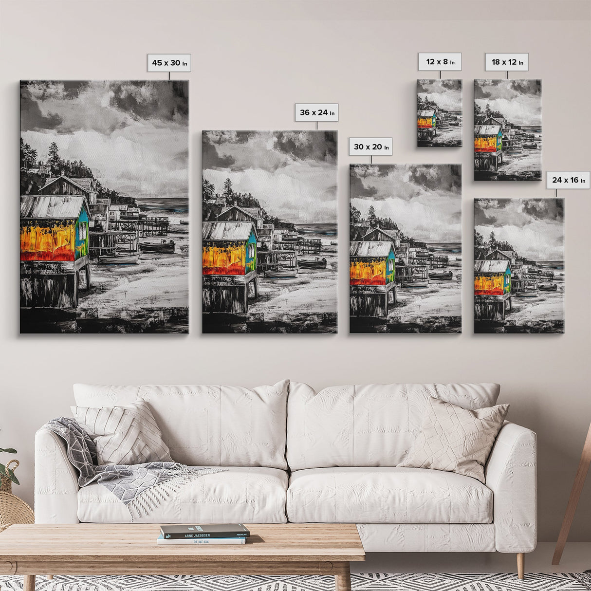 Rustic Seaside, Colorful Coastal Art, Nautical Wall Decor, Vibrant Fishing Village, Seascape Painting, Living Room Art, Canvas Print