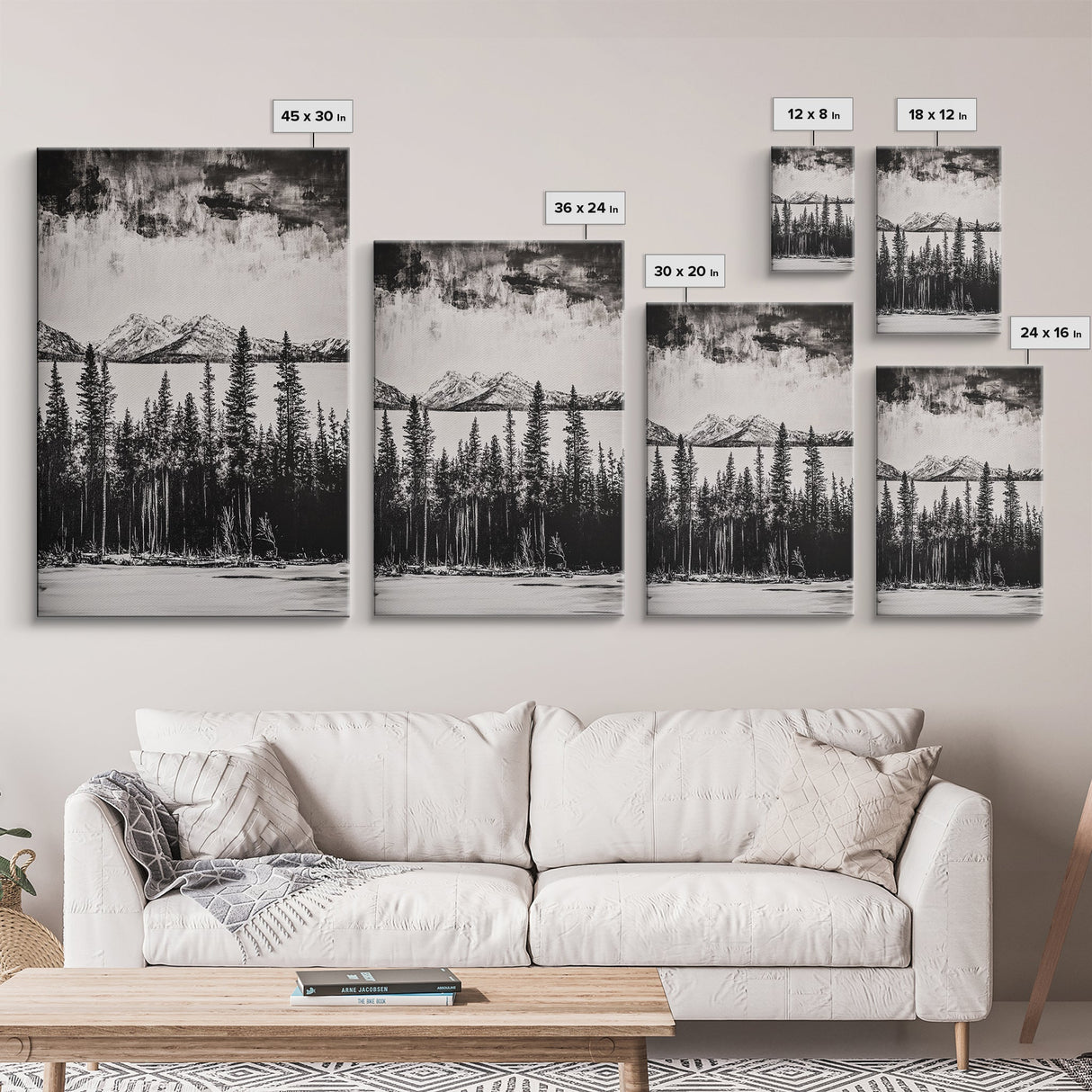 Mountain Serenity, Black and White Landscape, Nature Art, Tranquil Home Decor, Minimalist Painting, Office Artwork, Framed Canvas Print