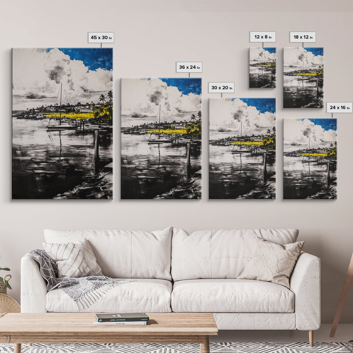 Sailboat Harbor, Nautical Art, Seaside Painting, Coastal Home Decor, Black and White Art, Ocean Wall Art, Elegant Living Room Art