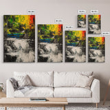 Waterfall Glow, Nature Art, Forest Landscape, Vibrant Painting, Modern Home Decor, Wilderness Retreat, Fall Wall Art, Framed Canvas Print
