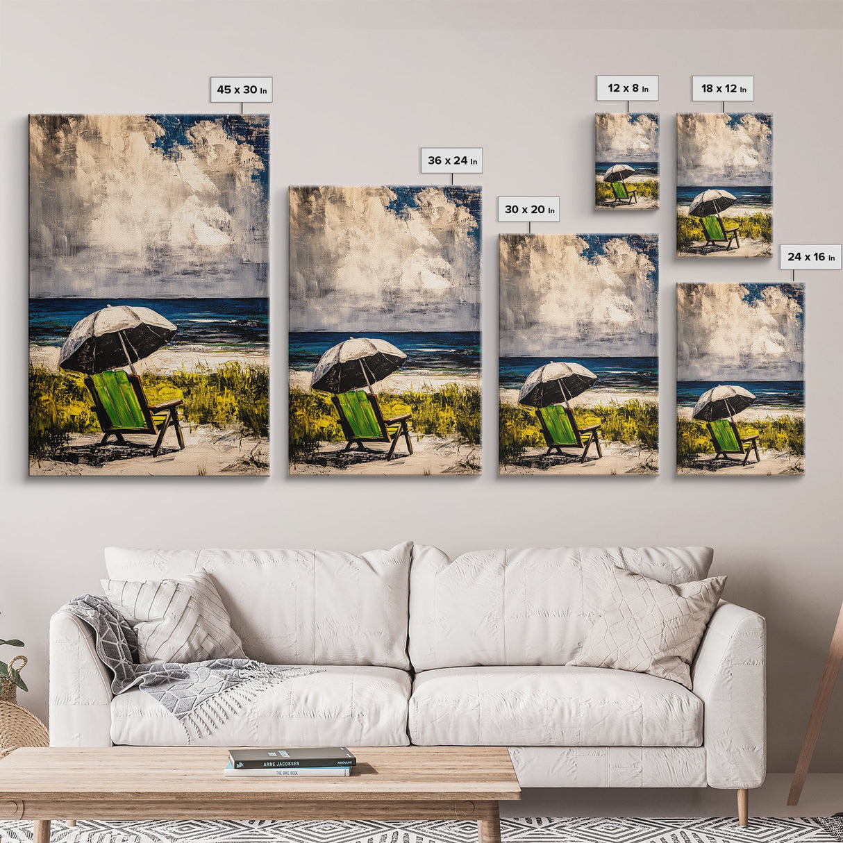 Seaside Relaxation Art, Green Beach Chair, Black White Umbrella, Ocean Scene, Serene Wall Decor, Nautical Home Artwork, Canvas Print