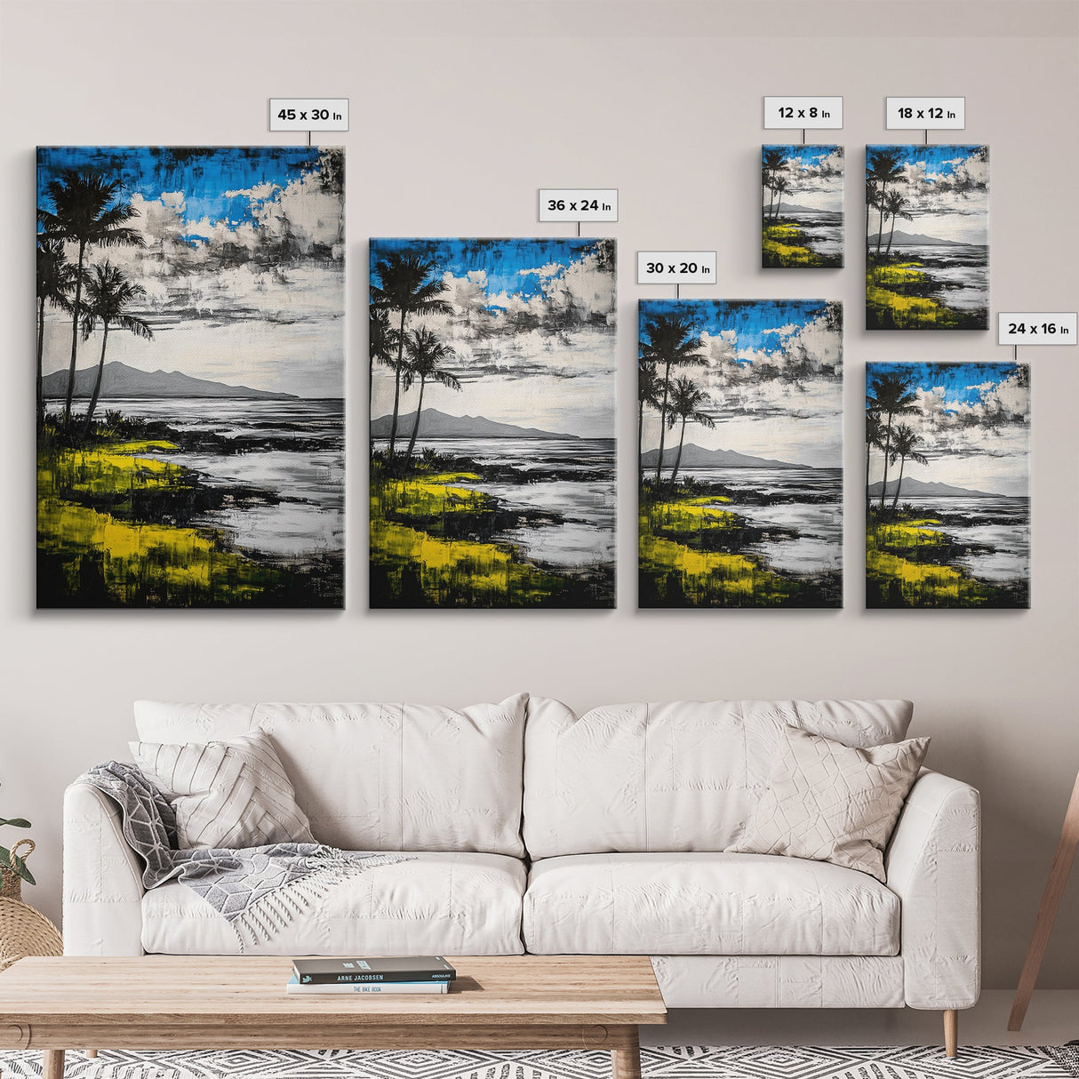 Tropical Beach Scene, Coastal Landscape Art, Black White Blue Yellow, Palm Tree Ocean Decor, Relaxing Home Gift, Framed Canvas Print