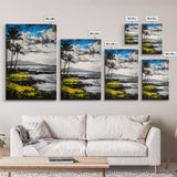 Tropical Beach Scene, Coastal Landscape Art, Black White Blue Yellow, Palm Tree Ocean Decor, Relaxing Home Gift, Framed Canvas Print