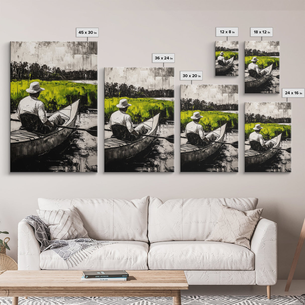 Kayaker River Scene, Black White Green Landscape, Peaceful Nature Art, Adventure Outdoor Wall Decor, Rustic Cabin Gift, Canvas Print