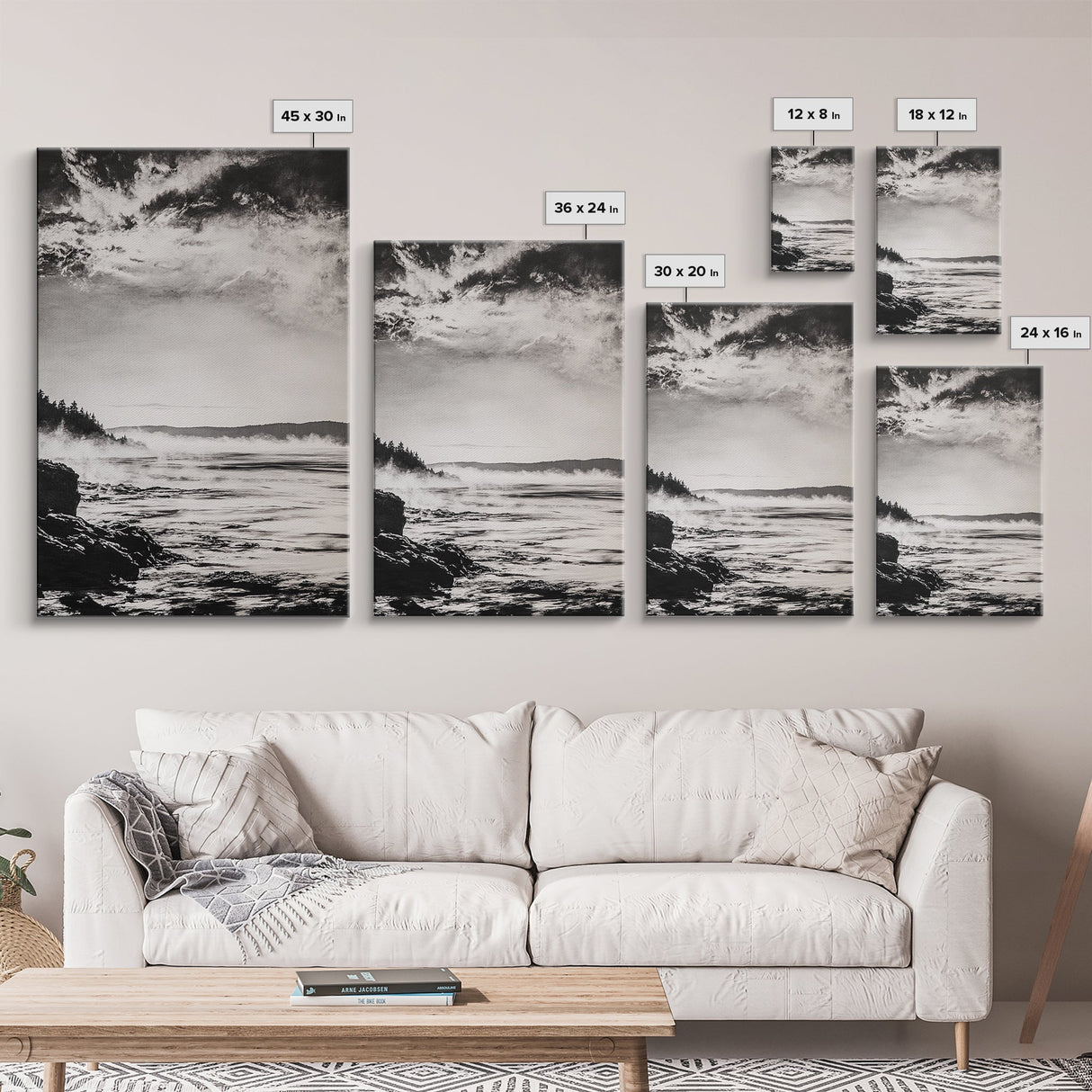 Coastal Mist, Moody Seascape, Black and White Ocean, Nautical Wall Art, Minimalist Decor, Living Room Art, Canvas Print, Gift Idea