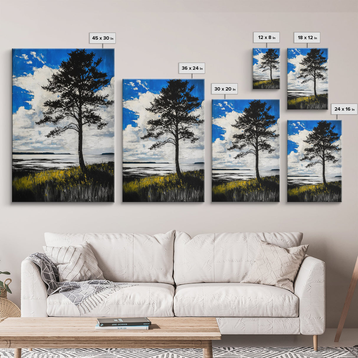 Lone Tree, Coastal Sunset, Blue Sky Painting, Black and White Landscape, Nature Art, Modern Wall Decor, Framed Canvas Print, Tranquil Mood