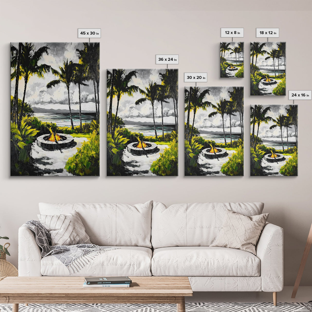 Palm Trees, Fire Pit, Coastal Escape, Beach House Decor, Black and White Art, Tropical Landscape, Canvas Print, Relaxing Wall Art