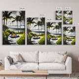 Palm Trees, Fire Pit, Coastal Escape, Beach House Decor, Black and White Art, Tropical Landscape, Canvas Print, Relaxing Wall Art