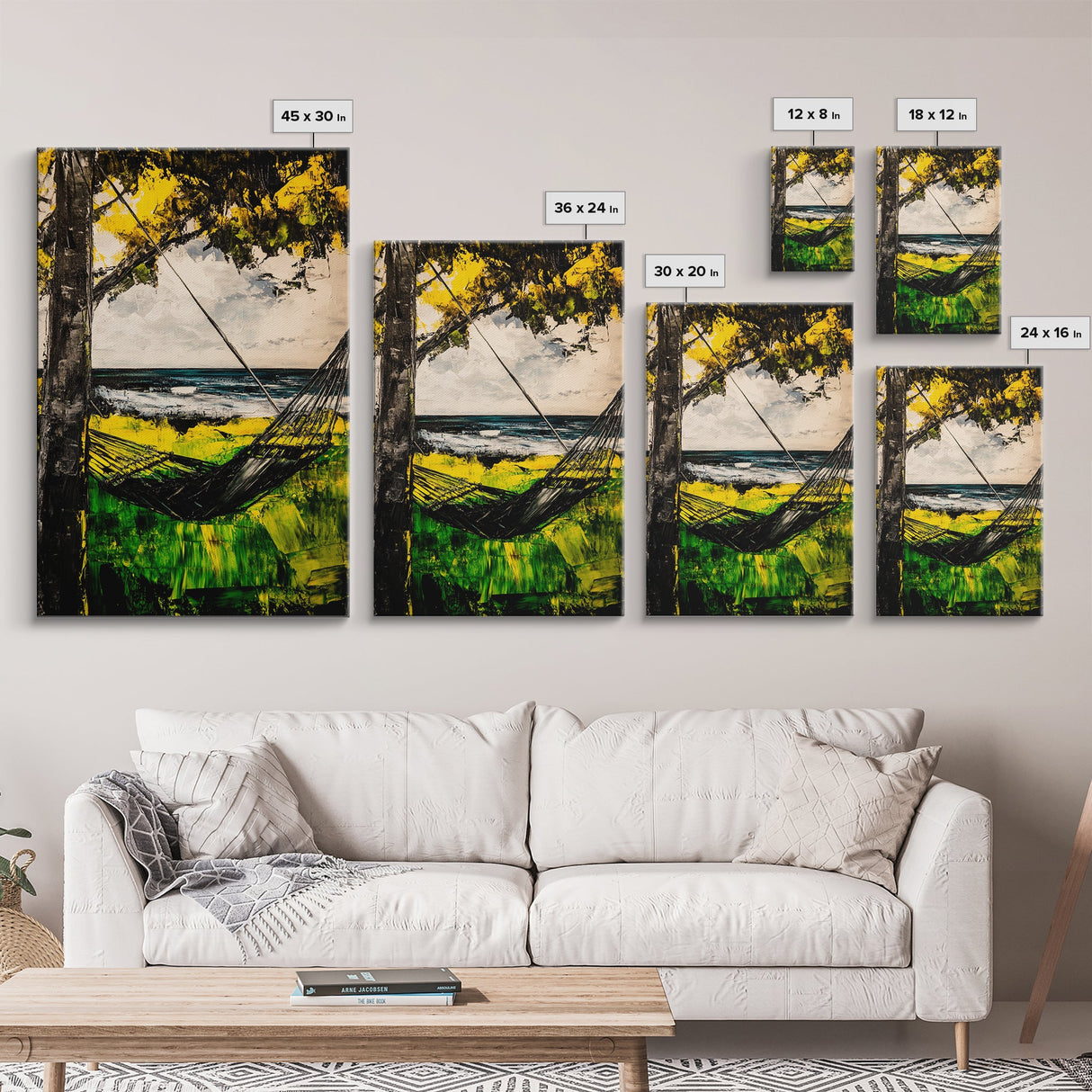 Hammock Breeze, Ocean View, Beach Retreat, Tropical Wall Art, Nature Decor, Black and White Painting, Framed Canvas Print, Coastal Vibes