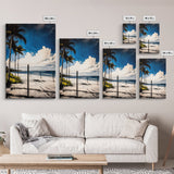 Palm Tree Beach Scene, Vibrant Blue Sky, Tropical Art, Coastal Landscape, Modern Ocean Wall Decor, Summer Home Artwork, Canvas Print