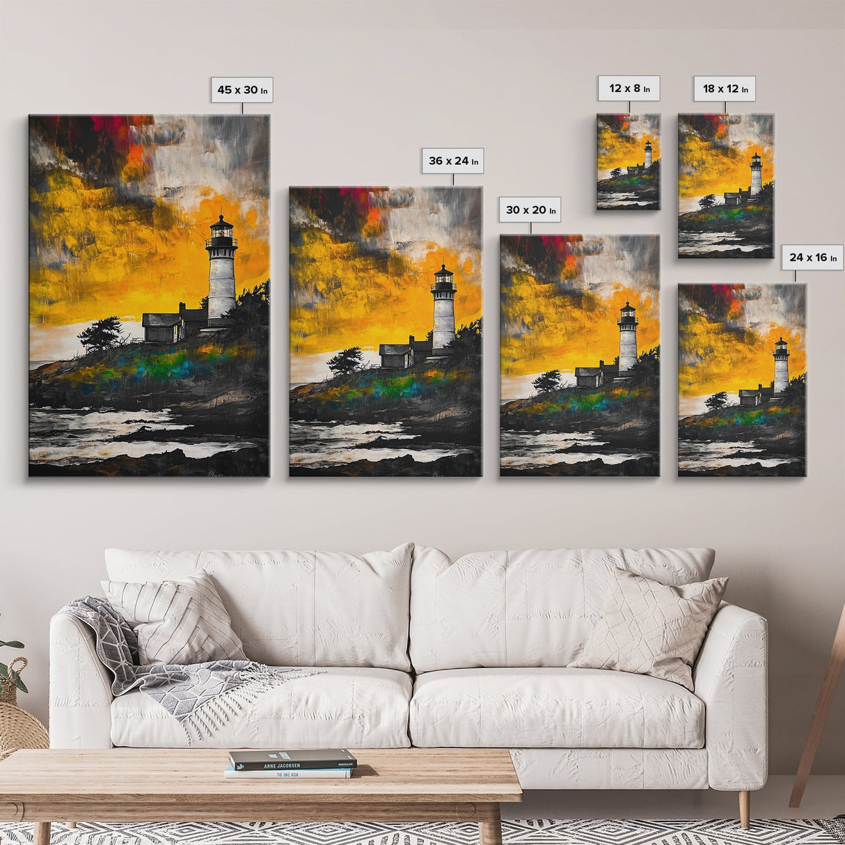 Sunset Lighthouse, Coastal Glow, Nautical Wall Art, Bold Seascape, Beach Home Decor, Warm Tones, Living Room, Canvas Print, Gift Idea