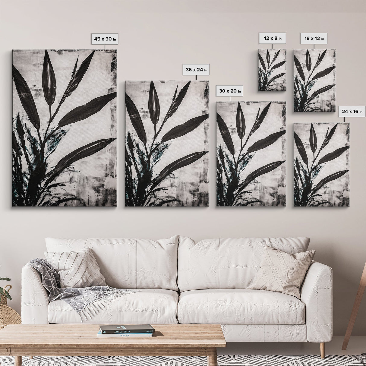 Minimalist Leaves, Monochrome Plant Art, Botanical Wall Decor, Neutral Home Art, Black and White Nature, Framed Canvas Print, Gift Idea