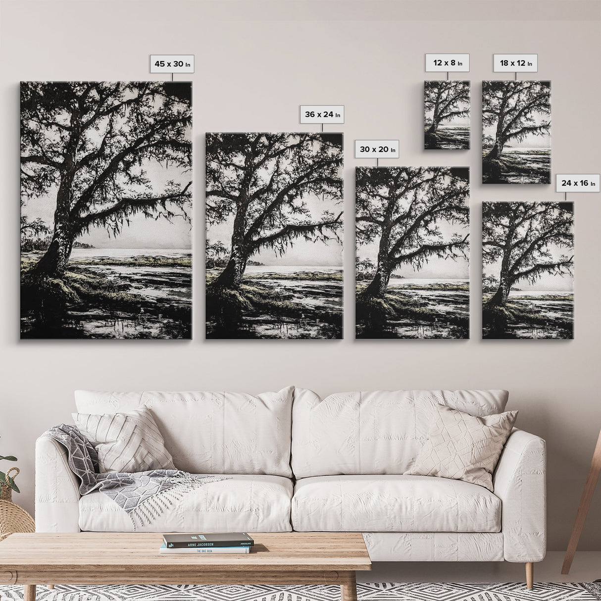 Tree Silhouette, Black White Art, Canvas Print, Dramatic Landscape, Coastal Wall Art, Nature Scene, Monochrome Decor, Minimalist Art
