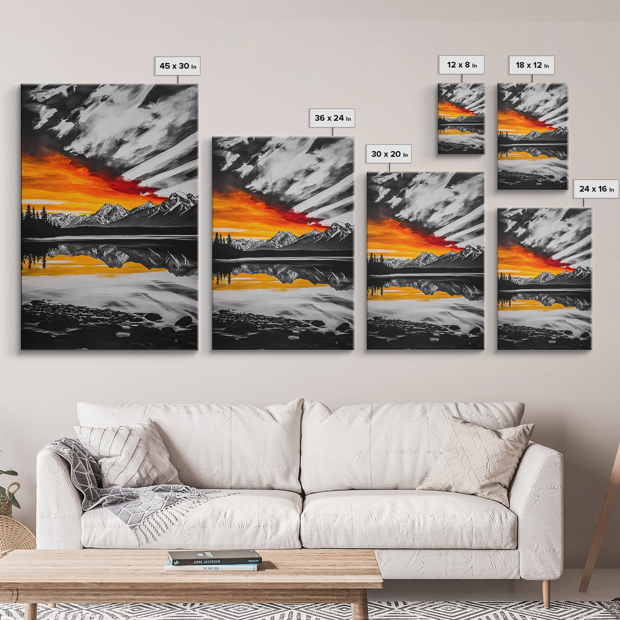 Fiery Sunset, Mountain Reflection, Canvas Print, Lake Wall Art, Nature Photography, Rustic Decor, Living Room Art, Fall Color Palette