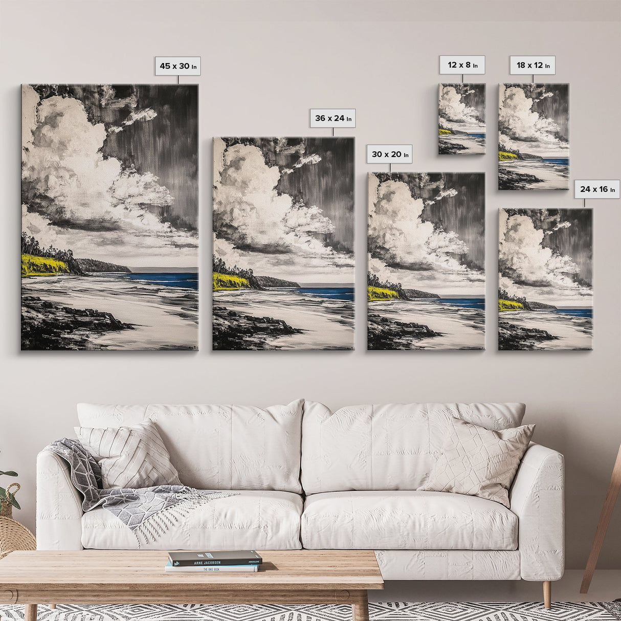 Cliffside View, Ocean Horizon, Cloudy Sky, Framed Canvas Print, Beach House Decor, Monochrome Wall Art, Relaxing Scenery