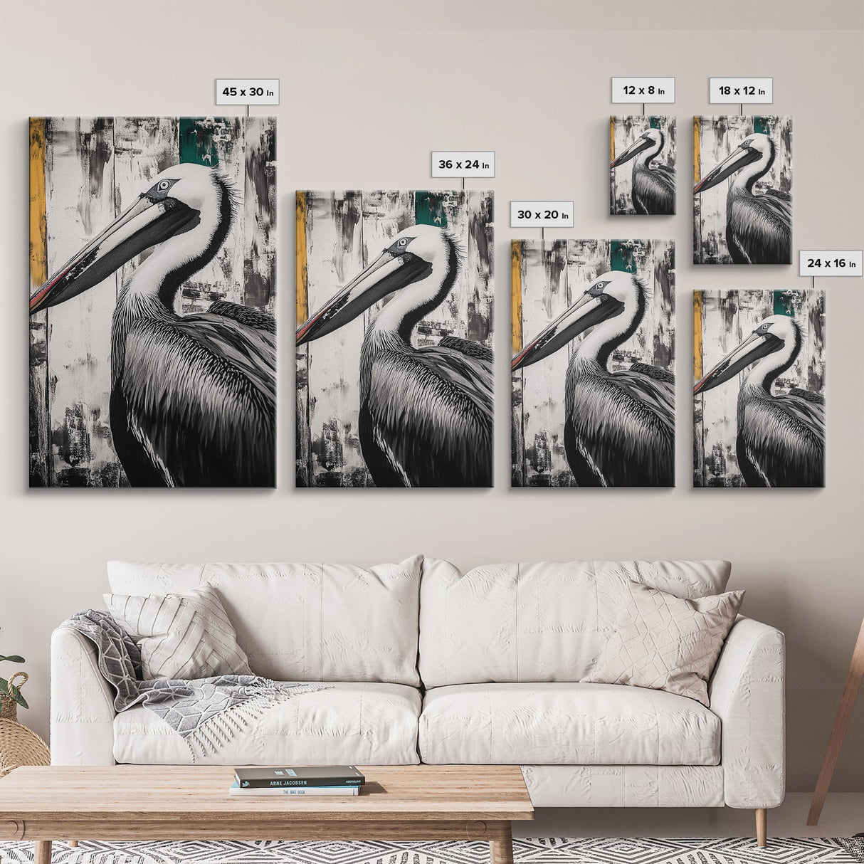 Pelican Portrait, wildlife wall art, coastal nature painting, black and white bird decor, modern beach house print, framed canvas print