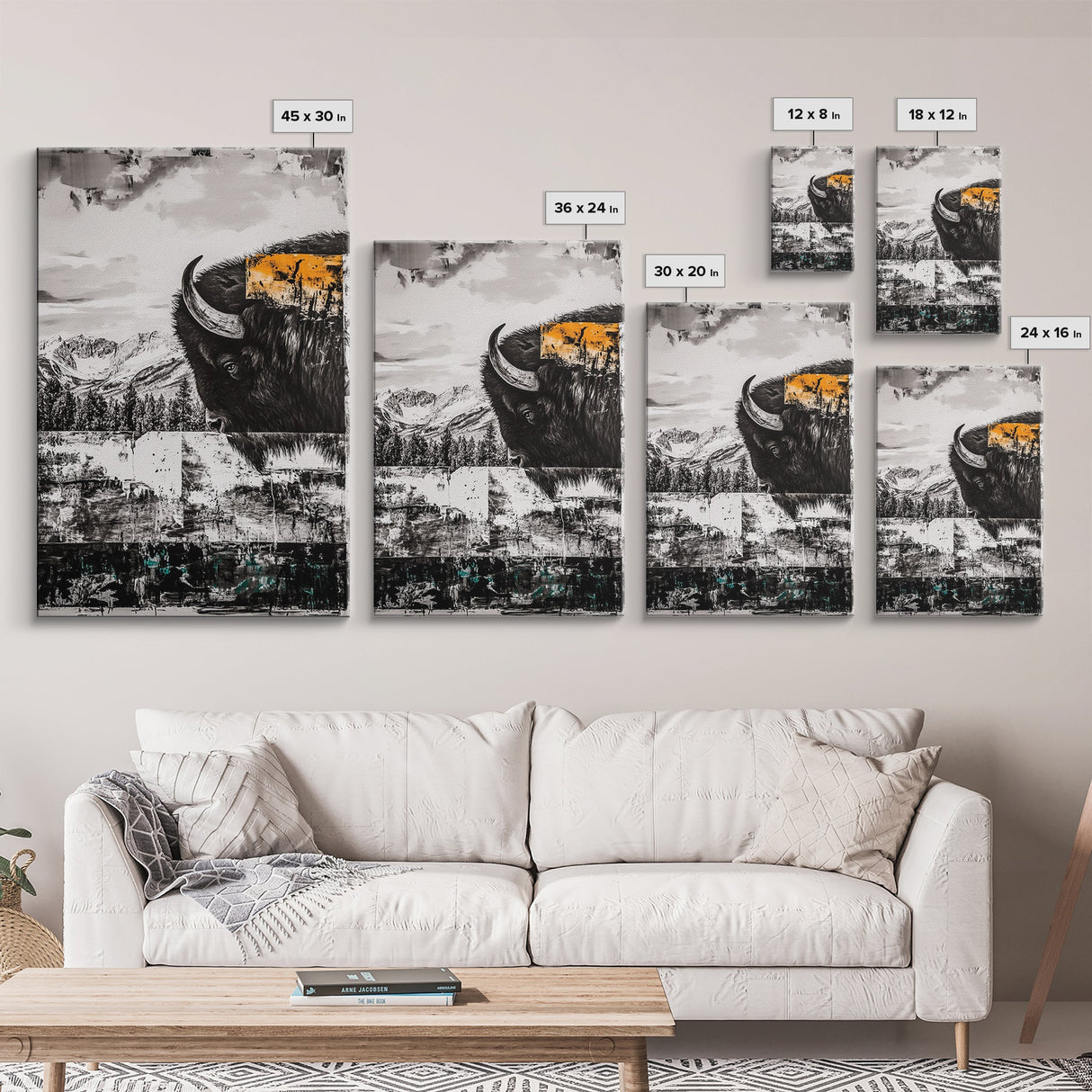 Buffalo Portrait, Western Art, Rustic Cabin Wall Decor, Wildlife Art, Black and White Animal Painting, Nature Scene, Canvas Print