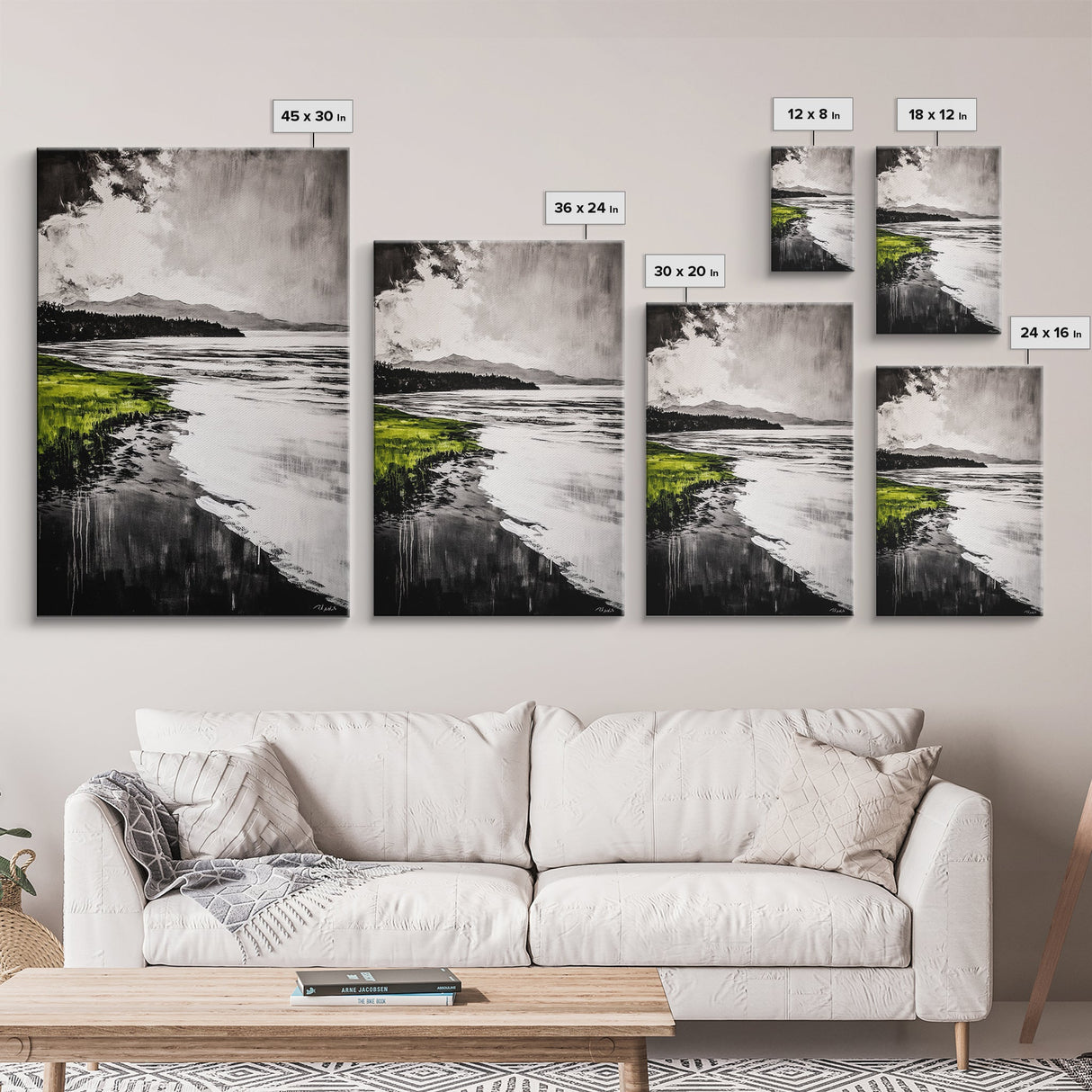 Moody Lake Scene, Black White Green, Framed Canvas Print, Nature Landscape Painting, Serene Wall Art, Contemporary Home Decor