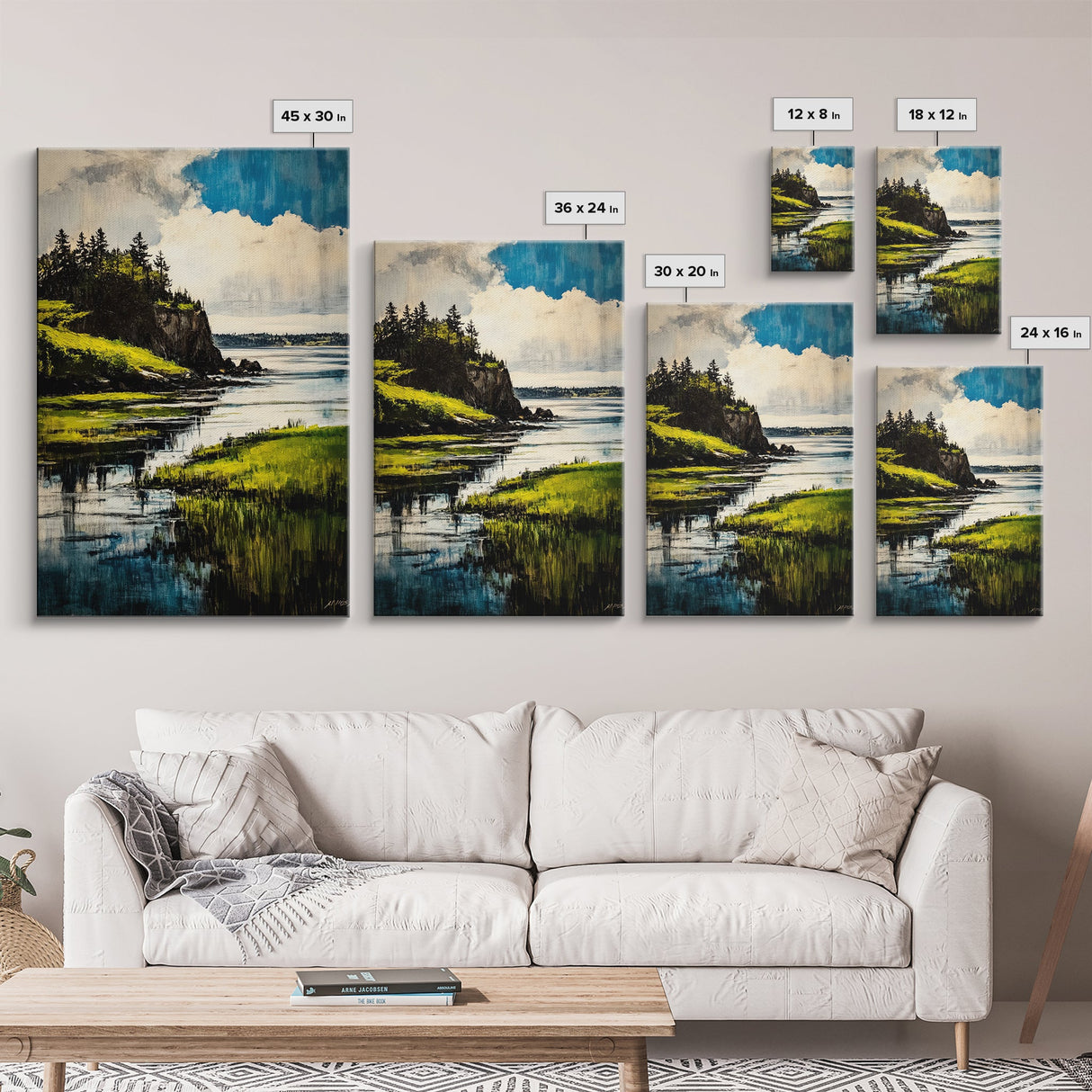 Lake Serenity, Peaceful Waters, Scenic Landscape, Nature Wall Art, Vibrant Green and Blue, Framed Canvas Print, Relaxing Home Decor