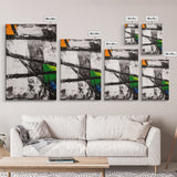 Geometric Abstract, Black and White with Green and Yellow Accents, Modern Minimalist Wall Art, Framed Canvas Print, Office or Loft Decor