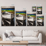 Coastal Rowboat, Black and White Boat Painting, Nautical Seascape Art, Rustic Beach House Decor, Framed Canvas Print, Bedroom Art