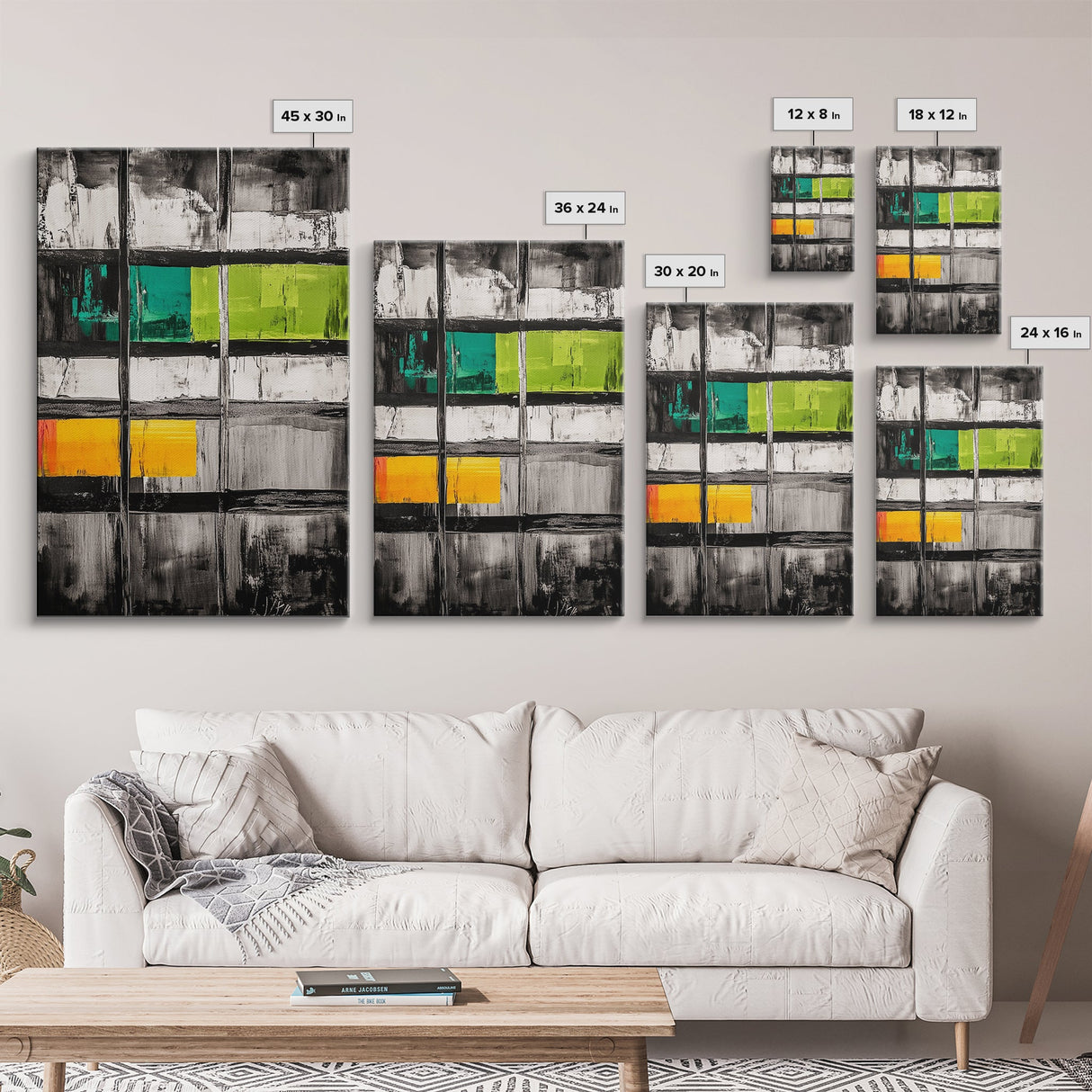 Modern Window Abstract, Black and White with Green and Yellow, Geometric Wall Art, Contemporary Interior Design, Framed Canvas Print