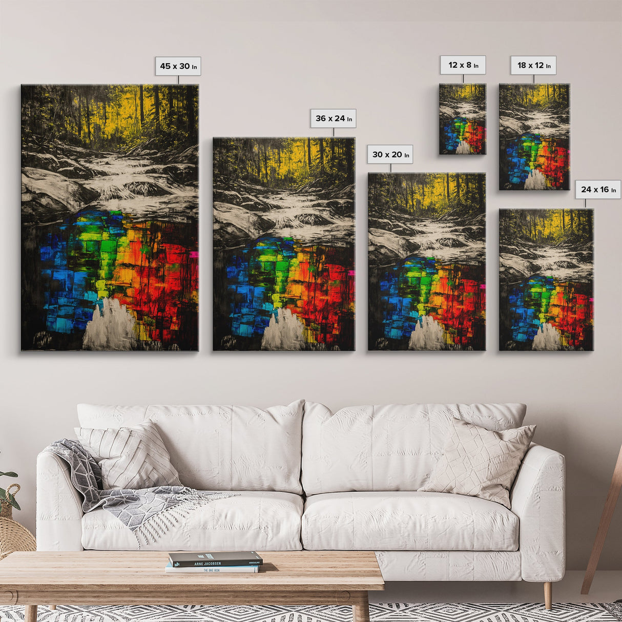 Forest Reflection, Black and White with Vibrant Colors, Abstract Waterfall Painting, Framed Canvas Print, Nature Lover’s Wall Art