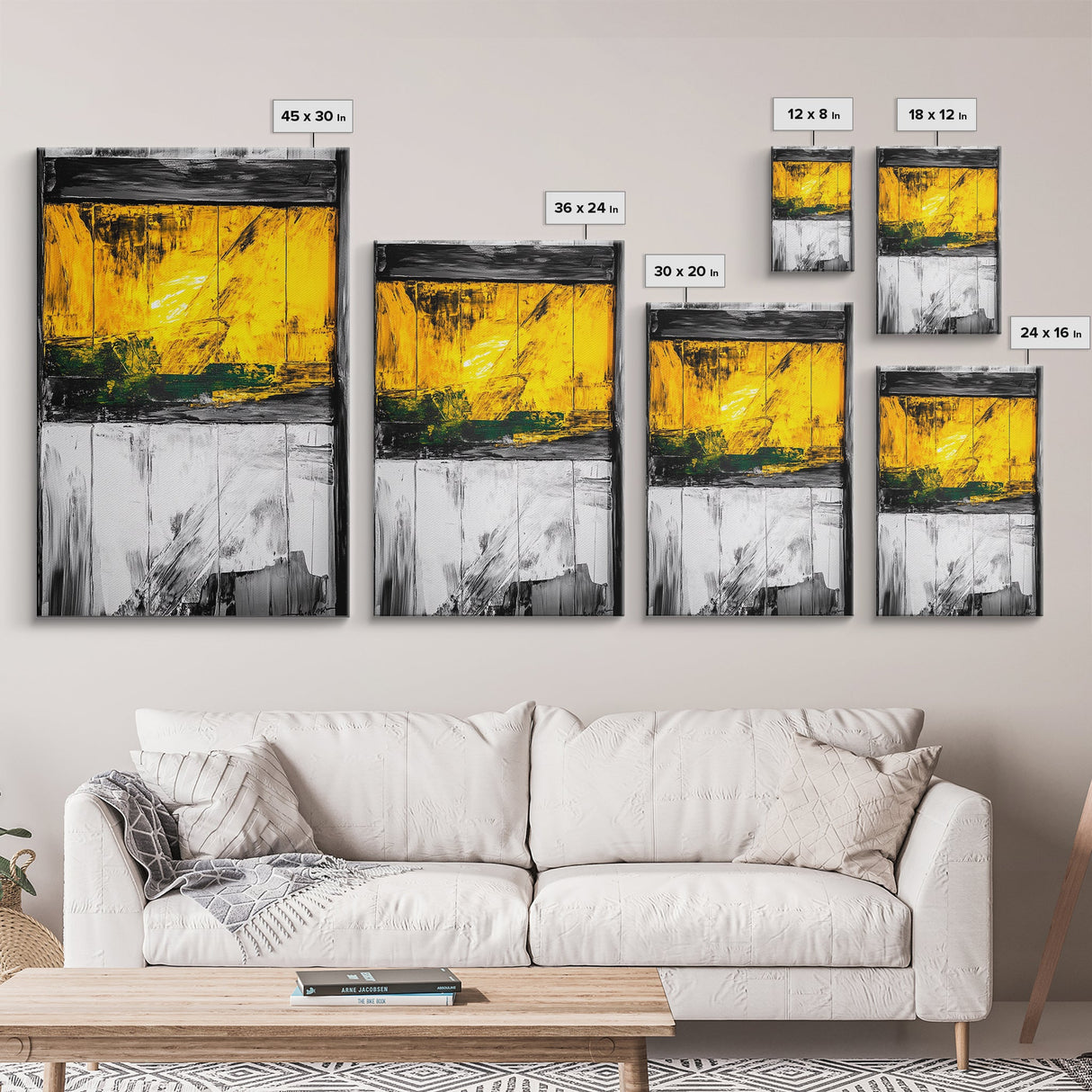 Golden Window, Abstract Rustic Wall Art, Black and White with Yellow Accents, Framed Canvas Print, Farmhouse or Entryway Wall Decor