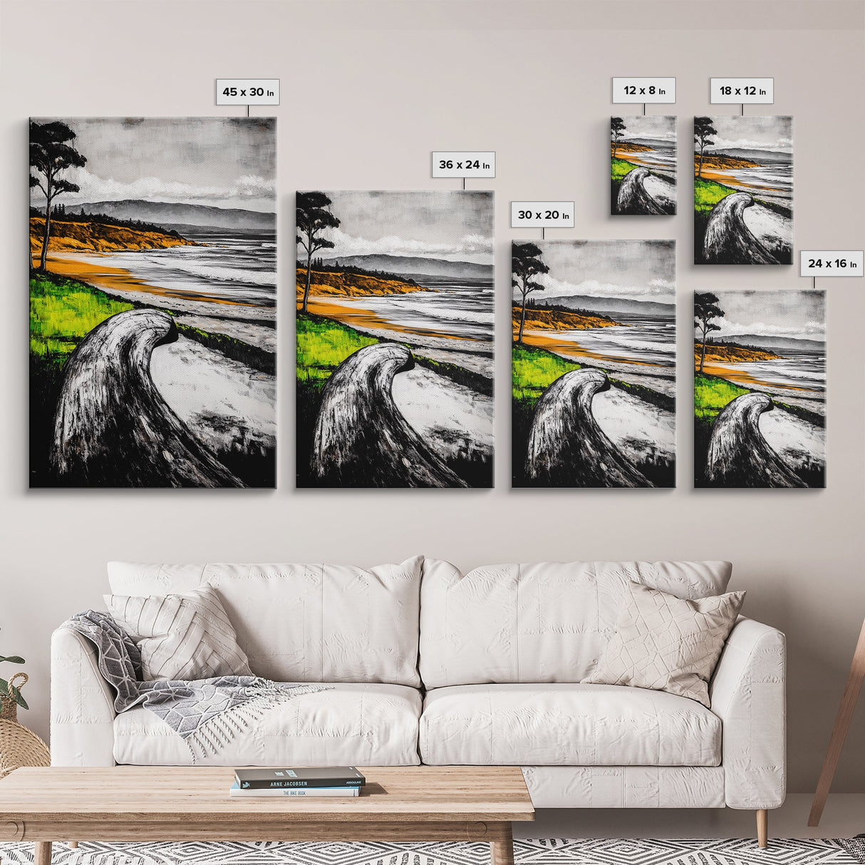 Driftwood Shore, Ocean Beach Wall Art, Modern Coastal Decor, Nature Seascape Print, Tranquil Waves, Framed Canvas Print