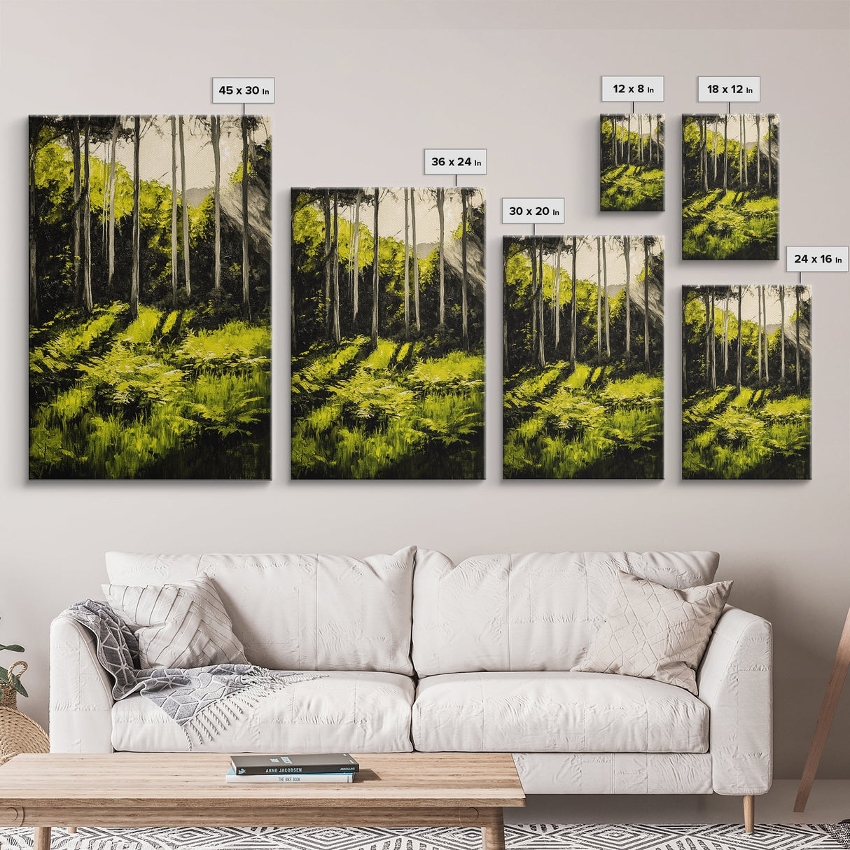 Forest Scene, Green Woodland Art, Sunlit Trees Print, Serene Nature Wall Decor, Cozy Cabin Art, Framed Canvas Print, Rustic Home Decor