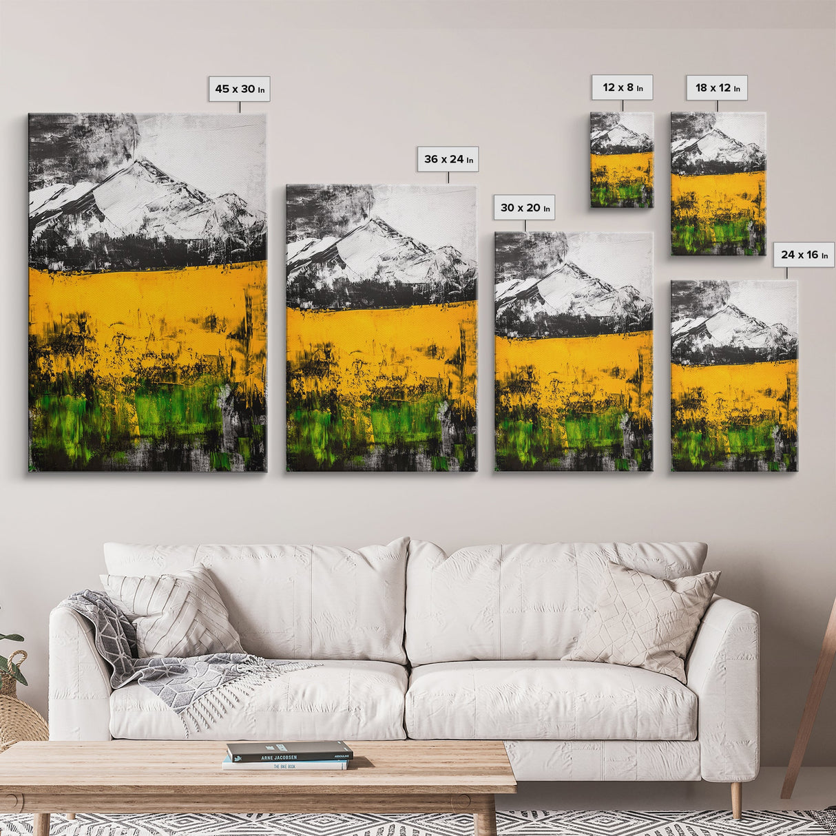 Golden Fields, Mountain Wall Art, Abstract Landscape, Bold Yellow, Rustic Decor, Autumn Artwork, Modern Painting, Framed Canvas Print