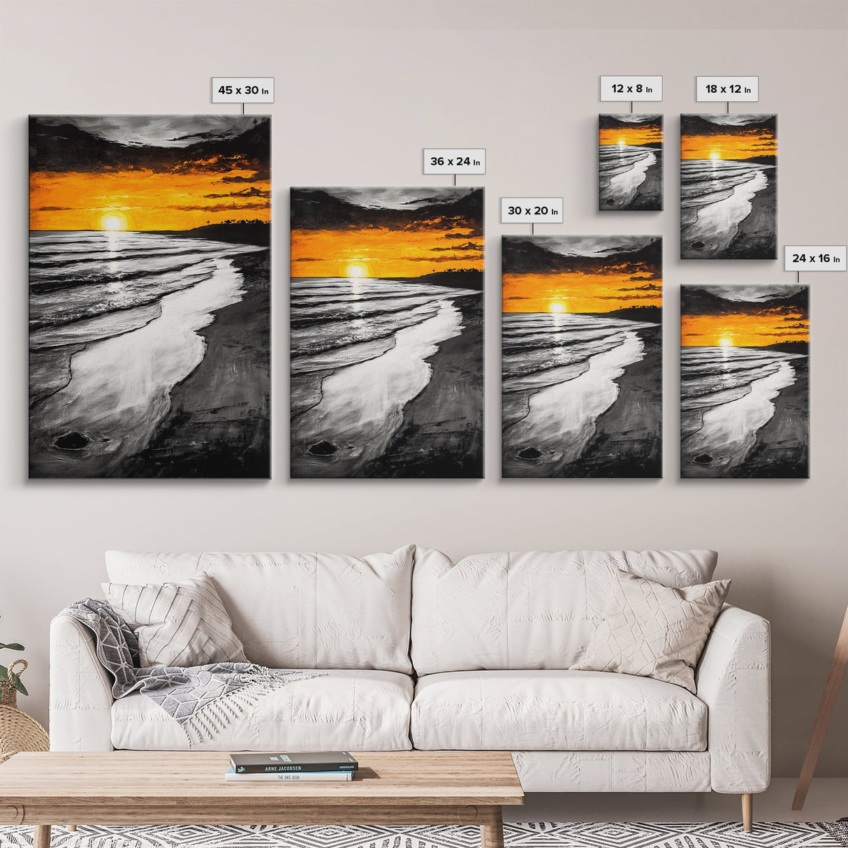 Golden Beach, Sunset Painting, Coastal Horizon, Framed Canvas Print, Seascape Art, Warm Fall Colors, Large Wall Art, Minimalist Style