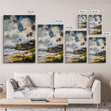 Beach Surf Shack, Tropical Art, Coastal Wall Decor, Nautical Framed Canvas Print, Surfing Gift, Ocean Sunset, Living Room Art