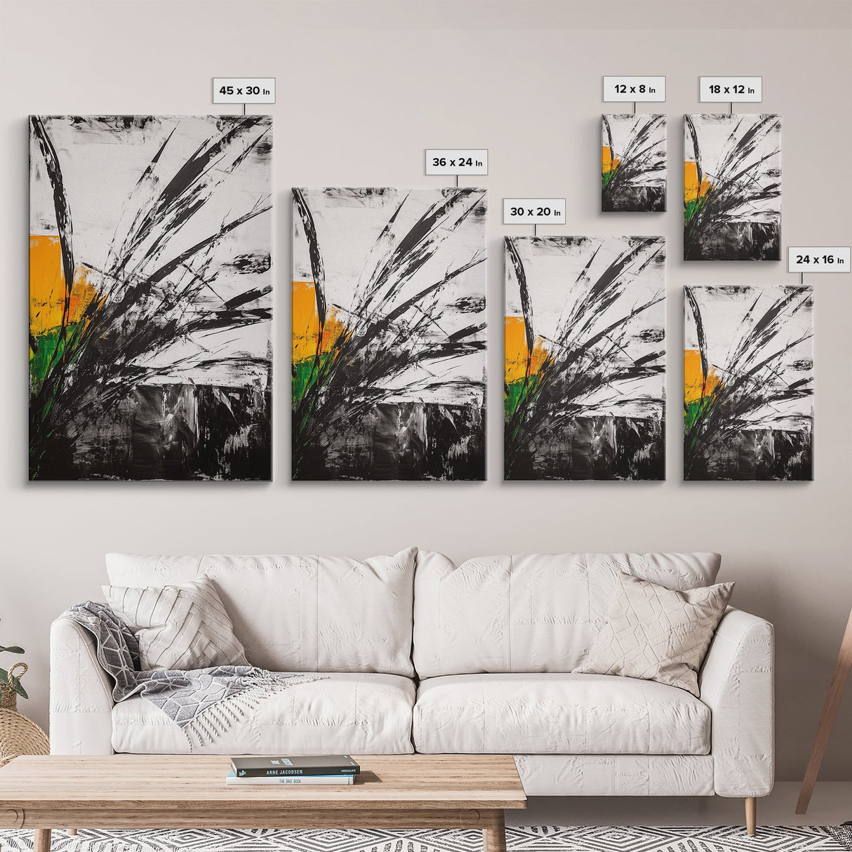 Abstract Grass, Modern Wall Art, Minimalist Home Decor, Framed Canvas Print, Black White Gold, Contemporary Artwork, Bold Design