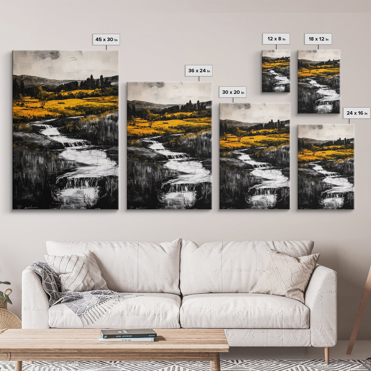 Golden Meadow, Nature Landscape, Rustic Wall Art, Framed Canvas Print, Country Farmhouse Decor, Waterfall Painting, Fall Vibes