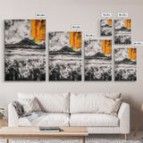 Volcano Landscape, Abstract Nature Art, Bold Modern Painting, Framed Canvas Print, Monochrome Mountains, Adventure Wall Decor