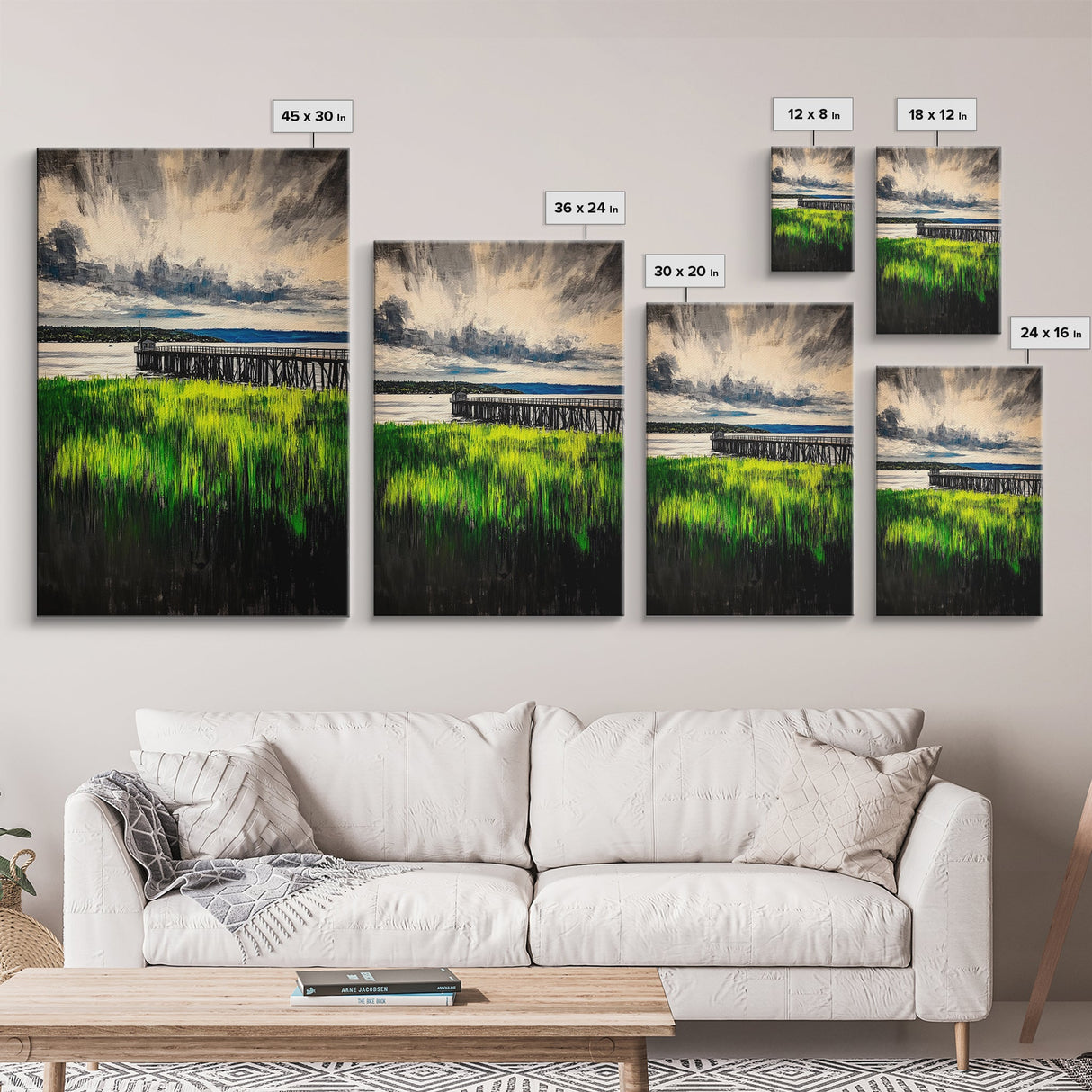 Lakeside Pier, Landscape Painting, Framed Canvas Print, Nature Wall Art, Blue Sky Art, Serene Lake View, Living Room Decor